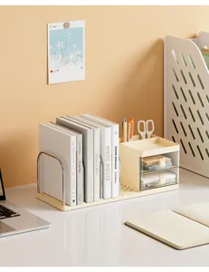 Detail view of cream white desk organizer with bunny handles and metal bookends