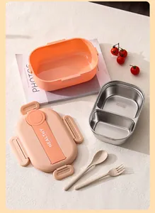 Vue éclatée de la boîte à lunch en inox 304 avec couverts et coque orange vif