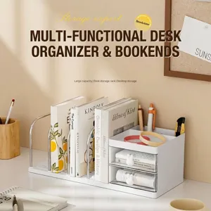 Desktop Multi-functional Bookstand Storage Box With Double Drawers Plastic Stainless Steel Stationery Organizer For Office Study