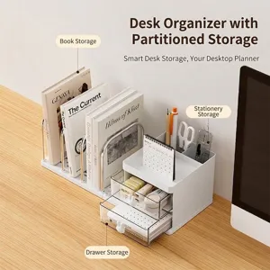 Minimalist desk organizer with integrated bookstand and transparent drawers for home office
