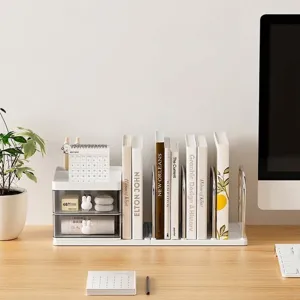 Minimalist white desktop bookshelf organizer for office stationery and book storage