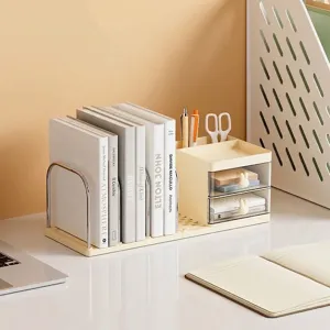 Minimalist cream desk organizer set with integrated bookends and clear storage drawers