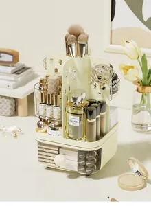 Rotating desktop makeup organizer with pegboard and drawer storage detail view