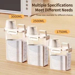 Three sizes of airtight plastic laundry powder storage containers with handles and caps.