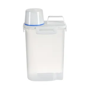 Clear plastic laundry detergent storage container with white handle and measuring cup lid