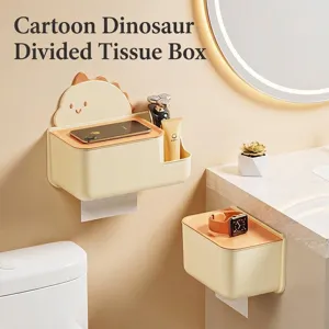 Cartoon Dinosaur Wall Mounted Tissue Box No Drill Waterproof Bathroom Kitchen Paper Holder Multi Functional Storage Box Organizer