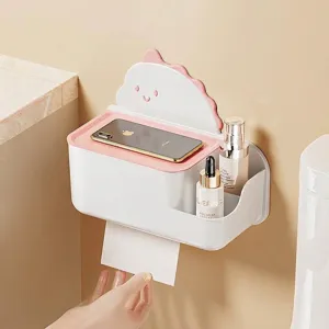 Cartoon dinosaur wall-mounted tissue box holder and bathroom storage shelf in pink