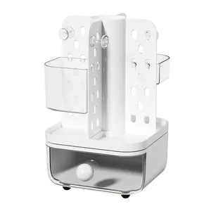 Rotating desktop pegboard organizer with storage drawer and clear bins for stationery