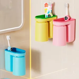 Set portaspazzolino da parete colorato senza fori con pratici bicchieri magnetici