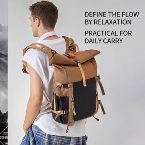 Casual men's roll-top outdoor travel backpack with large capacity in khaki and black