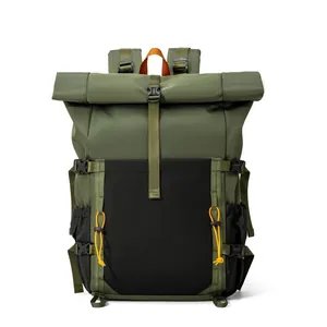 Army green roll top laptop backpack for men, waterproof outdoor travel commuting bag
