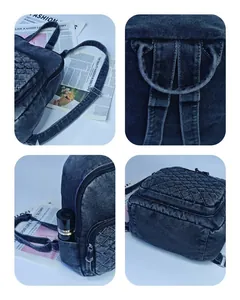 Vues détaillées d'un sac à dos en denim lavé pour femme montrant les bretelles et les poches.