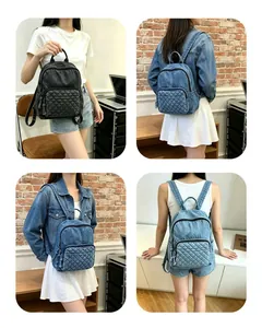 Collage de quatre vues d'un sac à dos décontracté en denim lavé pour les femmes
