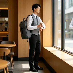 Minimalist large capacity grey backpack shown on a model in a modern cafe setting.