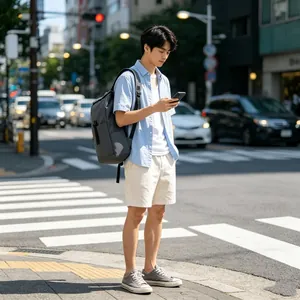 Man wearing a sleek gray casual backpack on a city street.