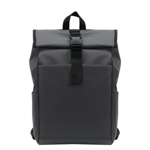Minimalist dark grey roll top sports backpack with a central black buckle strap