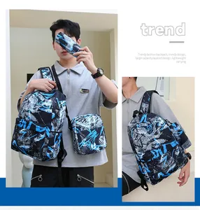 Set zaino da uomo in tre pezzi con zaino scolastico capiente e borsa a tracolla con graffiti.
