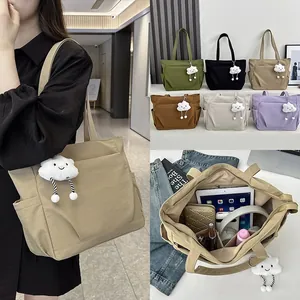 Women Large Capacity Tote Bag Nylon Canvas Shoulder Bag Korean Style Solid Color School Bag With Plush Cloud Charm