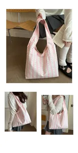 Multiple views of a pink and white striped tote bag featuring delicate bow patterns.
