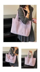 Lavender purple large capacity nylon tote bag with multiple pockets shown in various poses