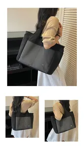 Large capacity black Oxford cloth tote bag with checkered pattern and side pockets for women.