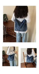 Lifestyle view of a vintage blue denim messenger bag, versatile casual crossbody style