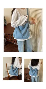 Stylish light blue denim hobo bag shown from front, side and back angles on a model