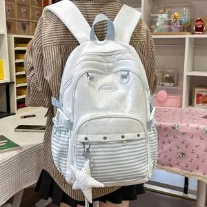 Preppy Style School Bag Lightweight Polka Dot Stripe Patchwork Nylon Backpack For Teen Girls Students Commuter Travel Backpack With Star Pendant