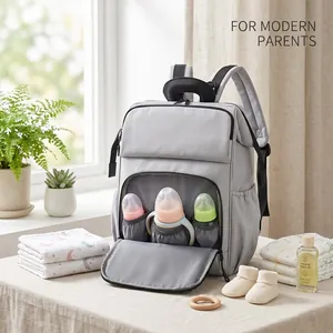 Large capacity gray diaper backpack for modern parents with milk bottle storage