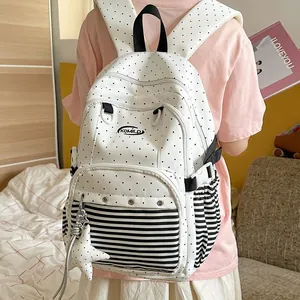 Lightweight cute polka dot and striped school backpack for girls, black and white style
