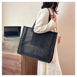 Bolsa de malla negra de gran capacidad con cremallera para compras y sesiones de yoga