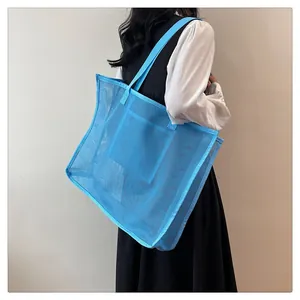 Bolso tote de malla de nailon azul de gran capacidad para playa yoga y compras