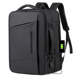 Grote zwarte uitbreidbare zakelijke laptoprugzak met USB-oplaadpoort voor reizen