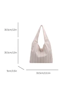 Detailed dimensions of a striped hobo shoulder bag in soft pink and white color tones