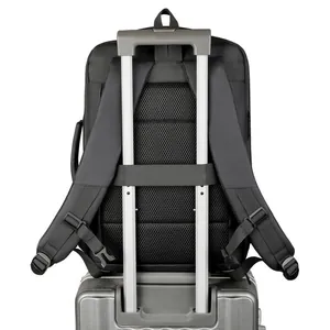 Zwarte zakelijke laptoprugzak met trolleyriem voor eenvoudig reizen met een koffer