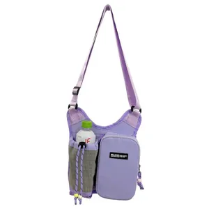 Light purple outdoor sports crossbody bag with water bottle holder and zip pouch
