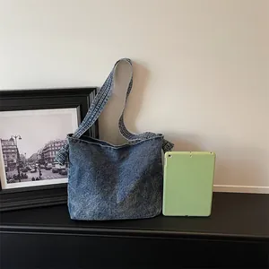 Minimalist retro denim messenger bag for women casual blue crossbody shoulder bag