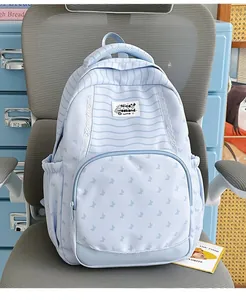 Detailed view of light blue striped backpack with cute butterfly pattern and lace trim