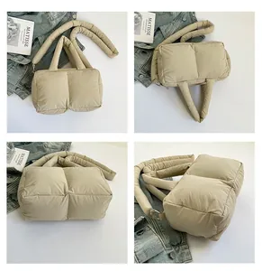 Details of beige quilted puffy tote bag showing multiple angles and soft texture.