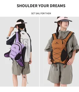 Outdoor cycling hydration backpack shown worn by model in purple and brown colors.