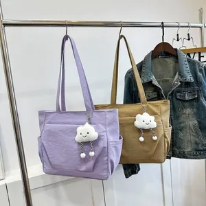 Large capacity purple and khaki tote bags with cute cloud charms for women's daily use