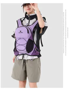 Close-up of a model wearing a purple hydration backpack for outdoor cycling and hiking.