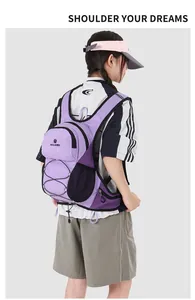 Close-up back view of a lavender sports hydration backpack being worn by a female model