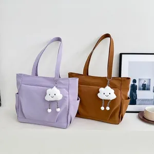 Large capacity canvas tote bags in lavender and brown with cute plush cloud charms