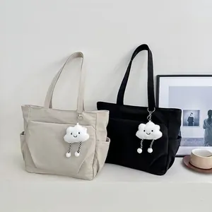 Minimalist large capacity commuter tote bags in beige and black with cute plush cloud charms
