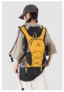 Back view of a yellow lightweight hydration backpack worn by a model for outdoor hiking