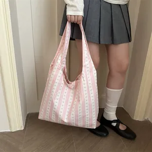 Women Girly Fresh Striped Canvas Tote Bag Bowknot Print Large Capacity Shoulder Underarm Bag Daily School Shopping Handbag