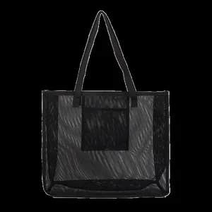 Bolso shopper de malla negra de gran capacidad con correas para playa y gimnasio