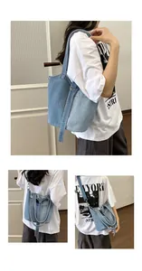 Vues détaillées sous plusieurs angles d'un sac seau en denim bleu porté par un modèle.