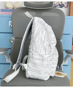 Detailed side view of white tie-dye backpack with mesh straps and zipper pockets